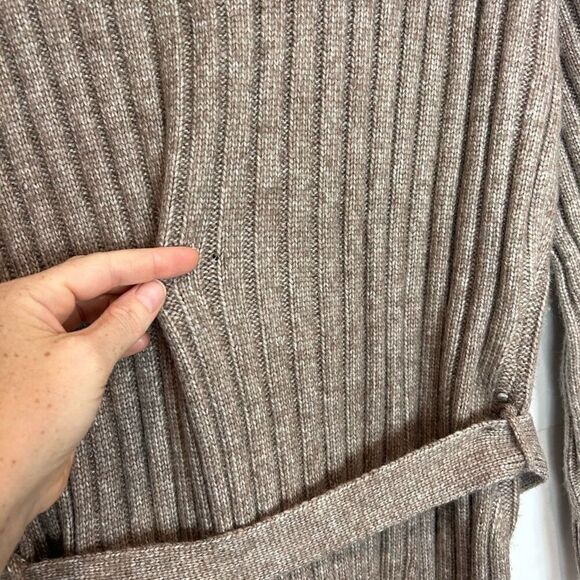 Tahari Midi Sweater Dress Small Brown Tan Ribbed Knit Long Sleeve Belted Fitted - Picture 6 of 16